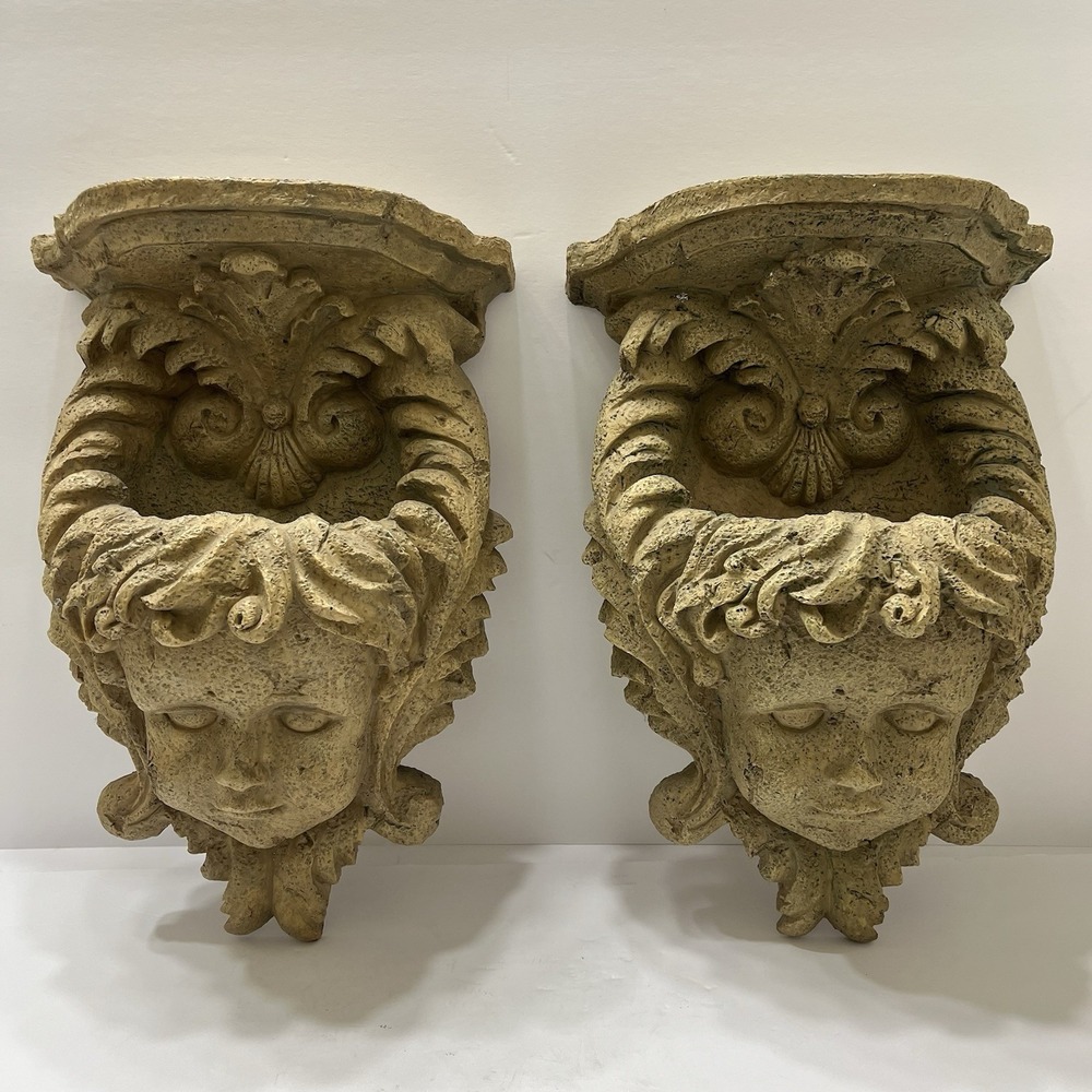 Cherub Wall Sconces Shelf Planter Distressed Sandstone Set Of 2 Vintage-Style